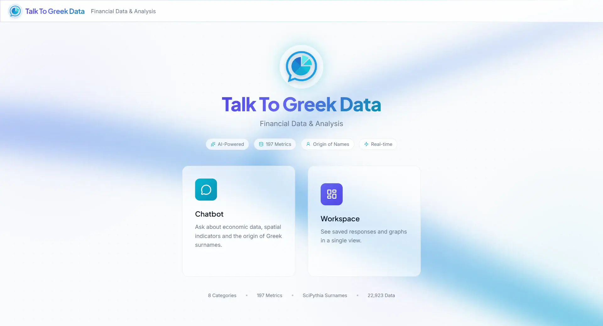 TalkToGreekData.gr homepage with English product overview and workspace preview